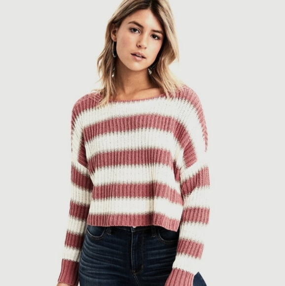 American Eagle Outfitters Sweaters - American Eagle Pink & White Striped Knit Boxy Cropped Crewneck Sweater